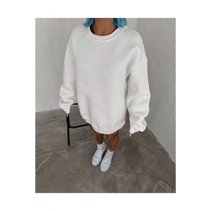 Kışlık Bisiklet Yaka Üç İplik Basic SweatShirt - Beyaz