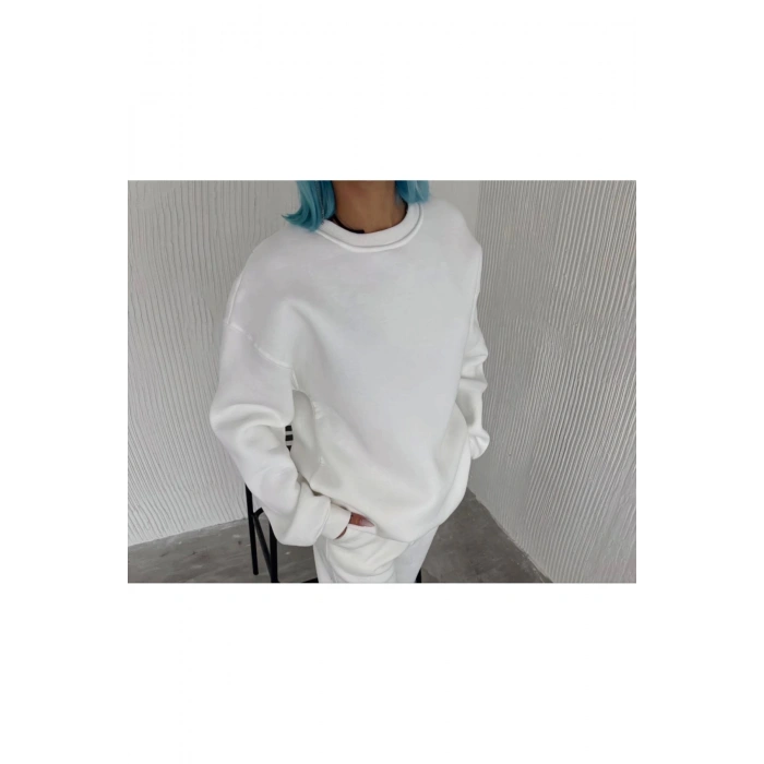 Kışlık Bisiklet Yaka Üç İplik Basic SweatShirt - Beyaz