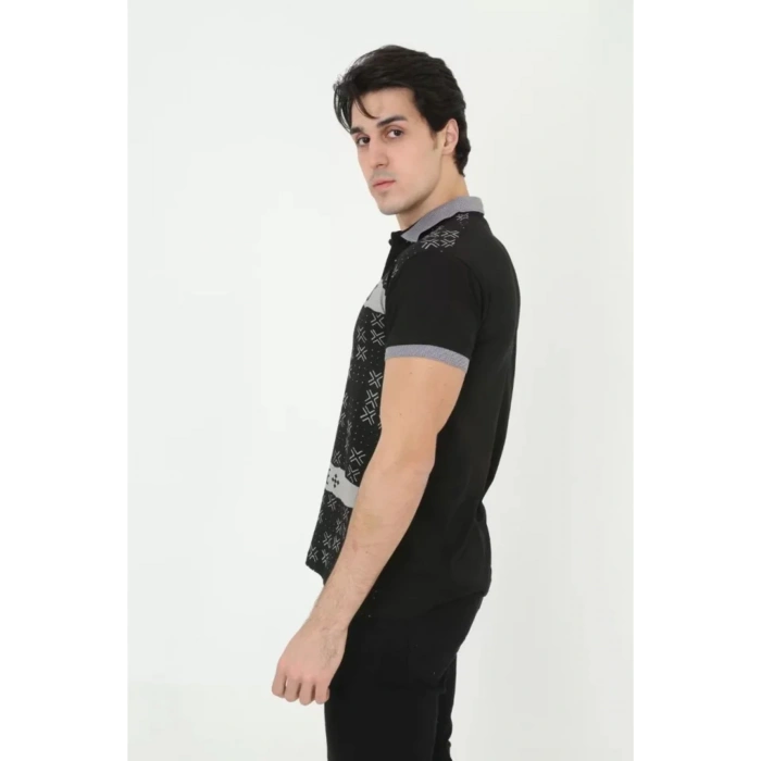Erkek Yakalı Slim Fit Baskılı T-Shirt - Siyah