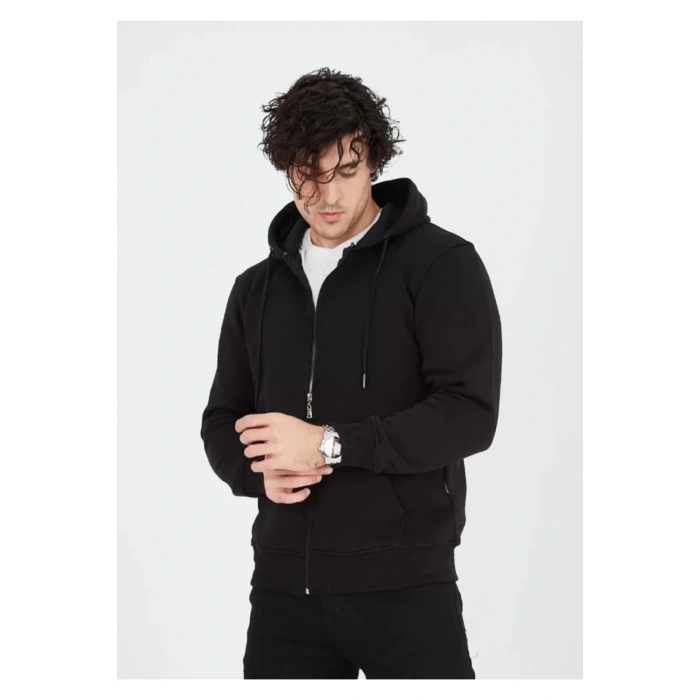 Unisex Tam Fermuarlı Kapşonlu SweatShirt - Siyah