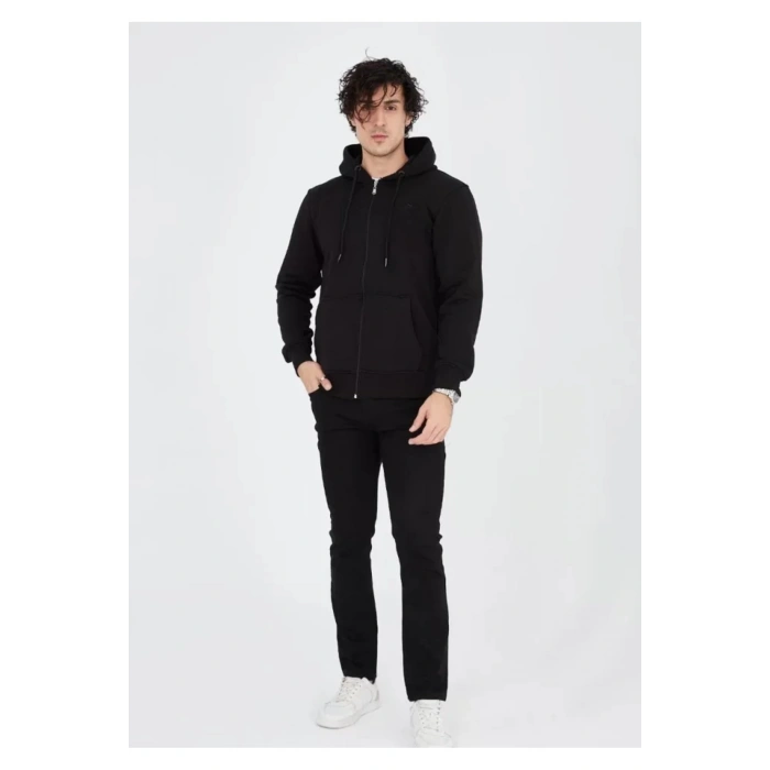 Unisex Tam Fermuarlı Kapşonlu SweatShirt - Siyah