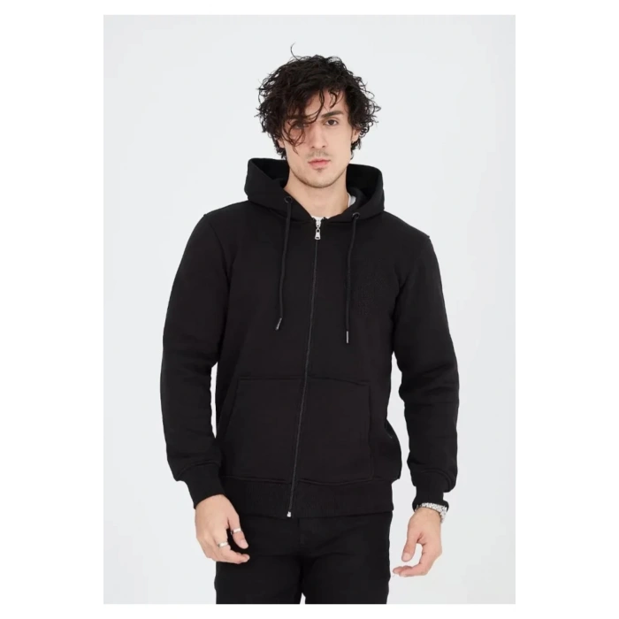 Unisex Tam Fermuarlı Kapşonlu SweatShirt - Siyah