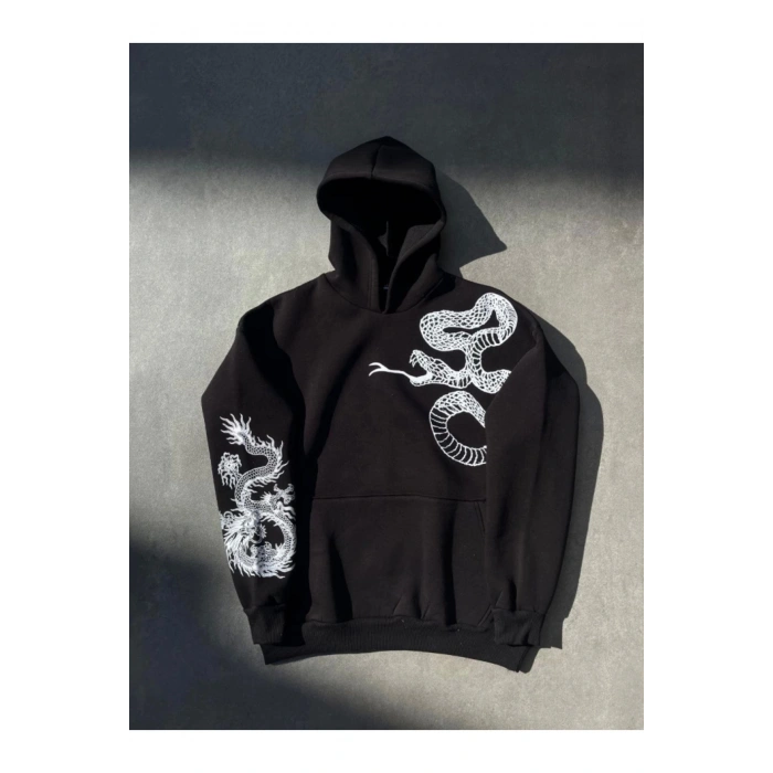 Uzun Kol Kapşonlu Baskılı SweatShirt - Siyah