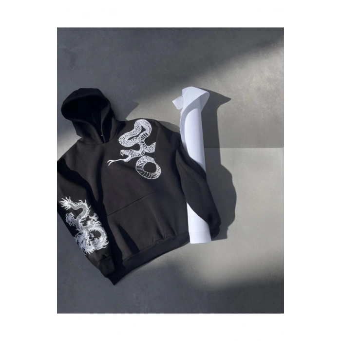 Uzun Kol Kapşonlu Baskılı SweatShirt - Siyah