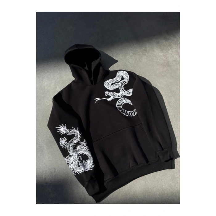 Uzun Kol Kapşonlu Baskılı SweatShirt - Siyah