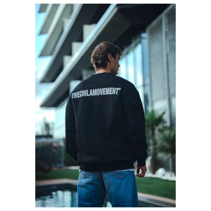 Kışlık Bisiklet Yaka Oversize Baskılı SweatShirt - Siyah