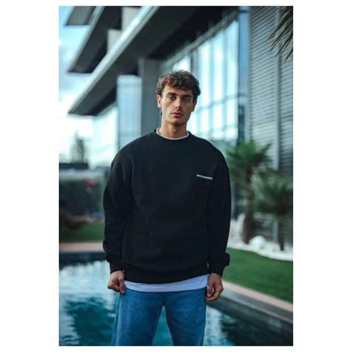 Kışlık Bisiklet Yaka Oversize Baskılı SweatShirt - Siyah