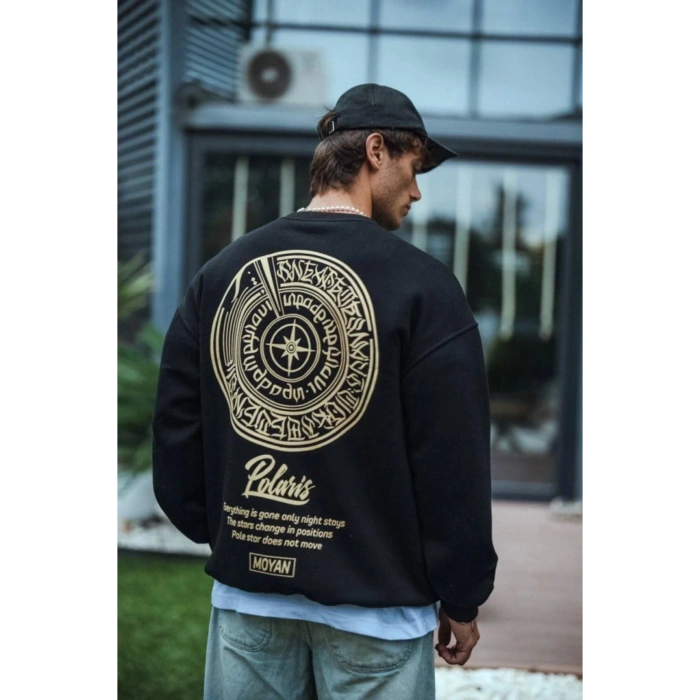Kışlık Bisiklet Yaka Ön Ve Arka Baskılı SweatShirt - Siyah