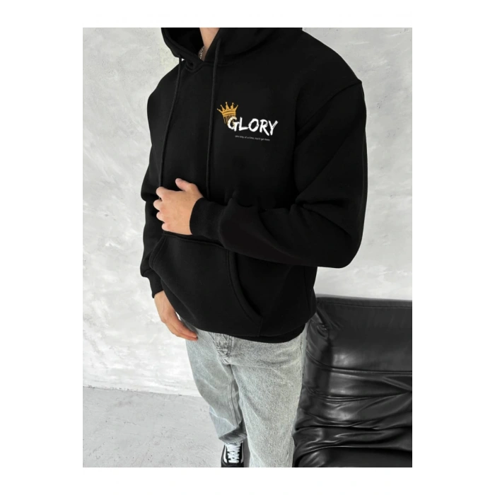 Kışlık Üç İplik Kapşonlu SweatShirt - Siyah
