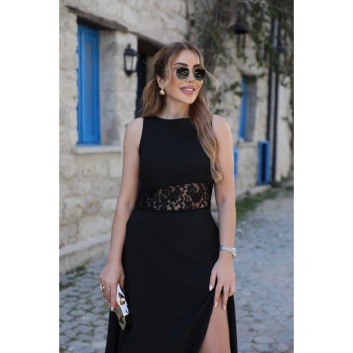 Kadın Omuzlardan Açık Yakası Açık Beli Dantelli Yırtmaçlı Uzun Janjan Krep Elbise