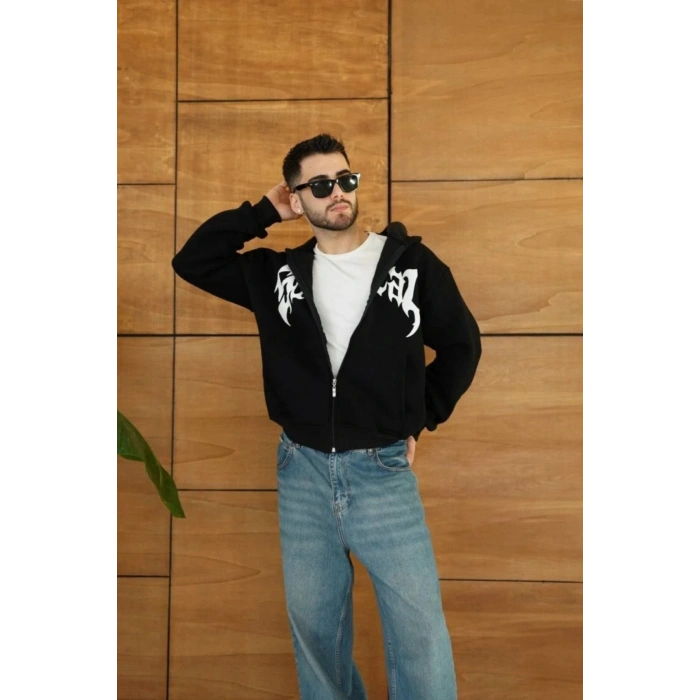 Erkek Kapüşonlu Sweatshirt Hoodie 3 İplik Şardonlu Pamuklu Kumaş, Önü Baskılı, Fermuarlı Rahat Kalı