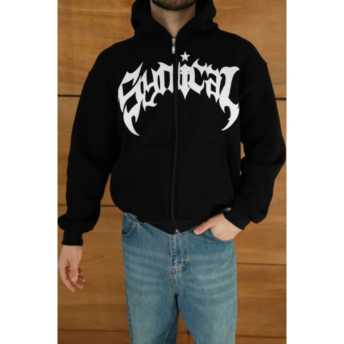 Erkek Kapüşonlu Sweatshirt Hoodie 3 İplik Şardonlu Pamuklu Kumaş, Önü Baskılı, Fermuarlı Rahat Kalı