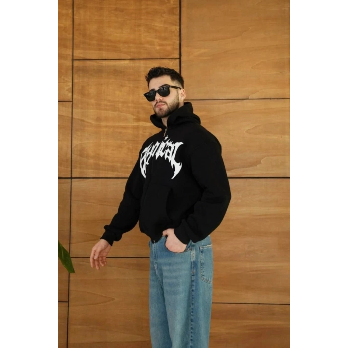 Erkek Kapüşonlu Sweatshirt Hoodie 3 İplik Şardonlu Pamuklu Kumaş, Önü Baskılı, Fermuarlı Rahat Kalı