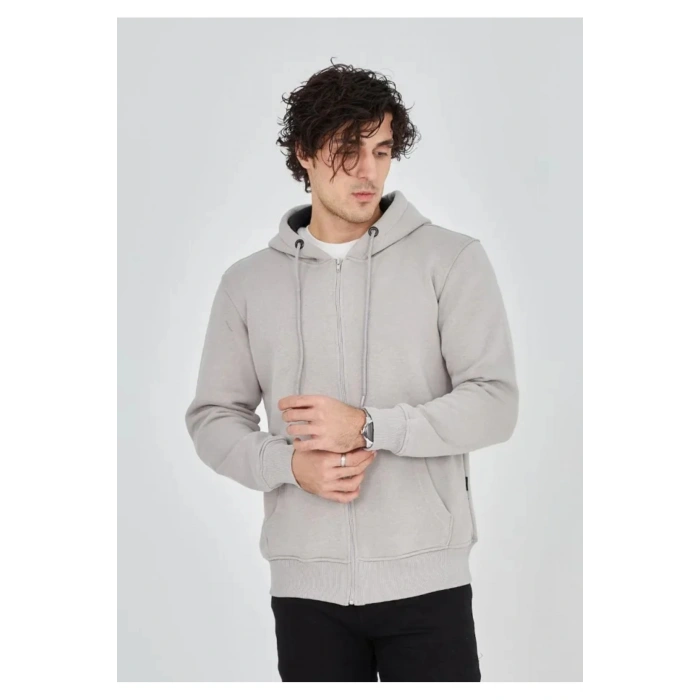 Unisex Tam Fermuarlı Kapşonlu SweatShirt - Boyalı Gri