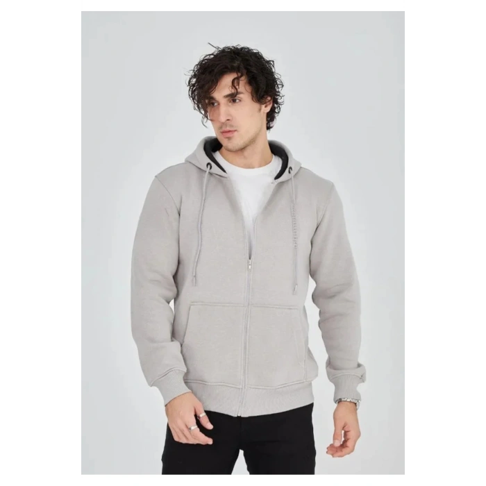 Unisex Tam Fermuarlı Kapşonlu SweatShirt - Boyalı Gri