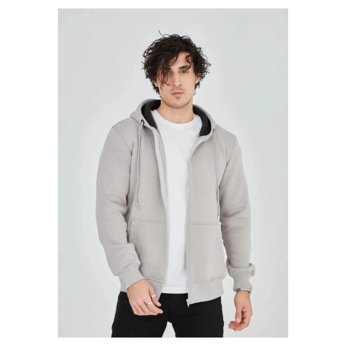 Unisex Tam Fermuarlı Kapşonlu SweatShirt - Boyalı Gri