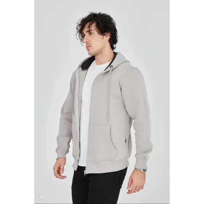 Unisex Tam Fermuarlı Kapşonlu SweatShirt - Boyalı Gri