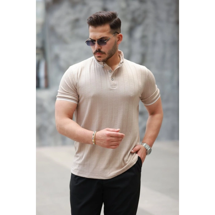 Erkek Düğme Yakalı Jakar Kumaş Kısa Kollu Tişört