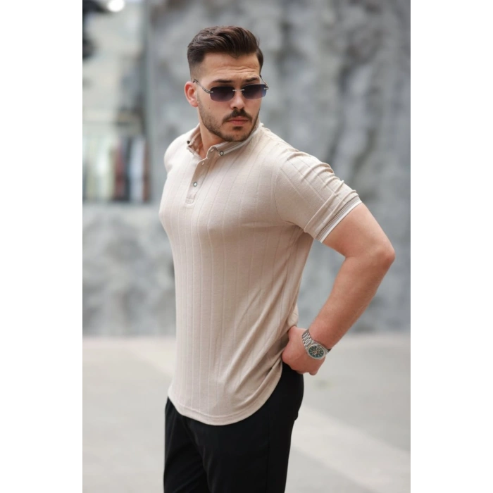 Erkek Düğme Yakalı Jakar Kumaş Kısa Kollu Tişört