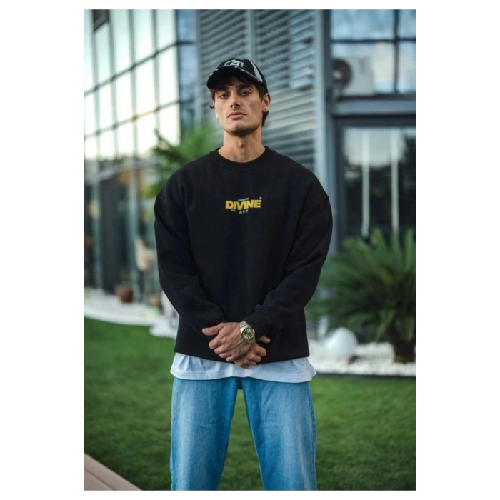 Kışlık Bisiklet Yaka Baskılı SweatShirt - Siyah