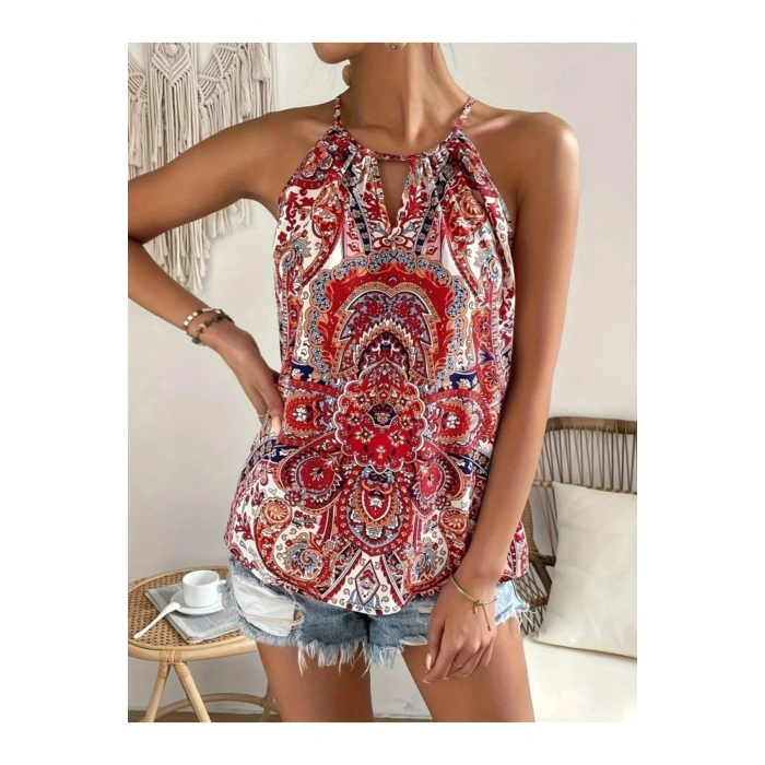 Kadın Halter Kollu Damla Detaylı Desenli Süprem Bluz