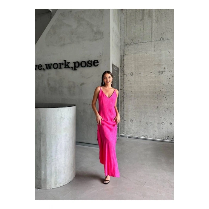 JAKARLI ASKILI SATEN ELBİSE ASİMETRİK - Pembe