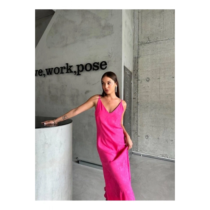 JAKARLI ASKILI SATEN ELBİSE ASİMETRİK - Pembe