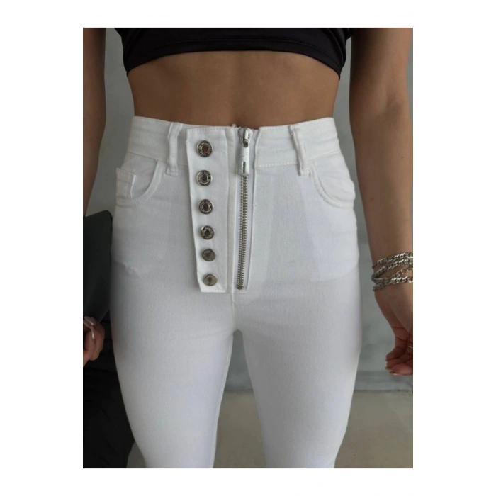 DÜĞME VE FERMUARLI KOT PANTOLON - Beyaz