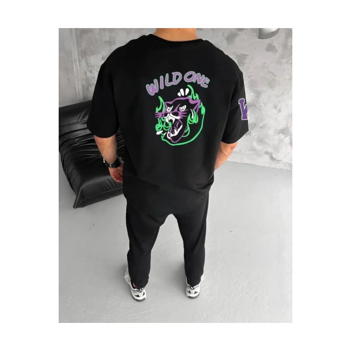 Unisex Bisiklet Yaka Baskılı Oversize T-Shirt - Siyah