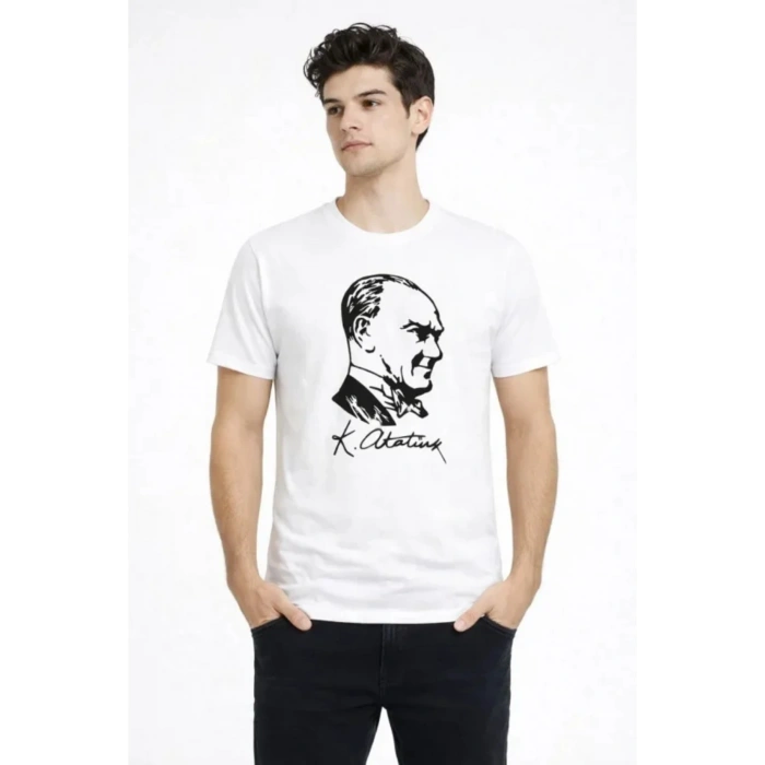 Erkek Atatürk Baskılı Tişört Kısa Kollu Bisiklet Yaka T-Shirt - Beyaz