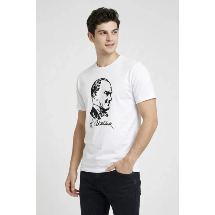 Erkek Atatürk Baskılı Tişört Kısa Kollu Bisiklet Yaka T-Shirt - Beyaz