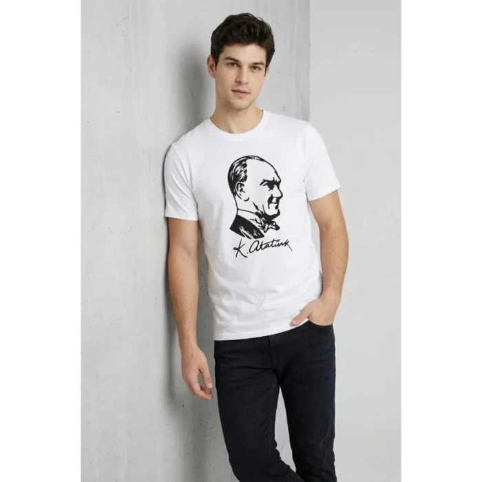 Erkek Atatürk Baskılı Tişört Kısa Kollu Bisiklet Yaka T-Shirt - Beyaz