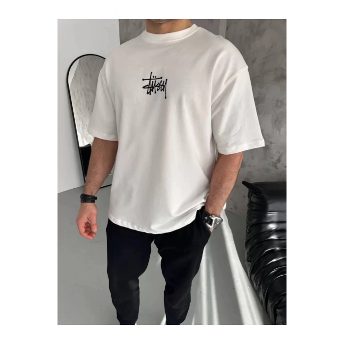 Unisex Bisiklet Yaka Baskılı Oversize T-Shirt - Beyaz