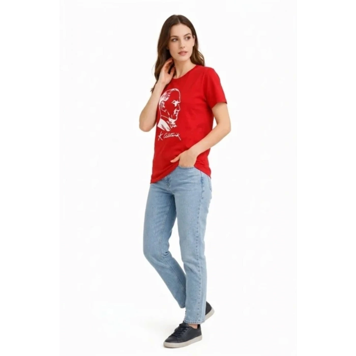 Atatürk Baskılı Tişört Kısa Kollu Bisiklet Yaka T-Shirt - Kırmızı