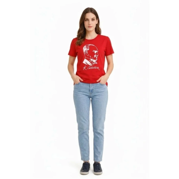 Atatürk Baskılı Tişört Kısa Kollu Bisiklet Yaka T-Shirt - Kırmızı