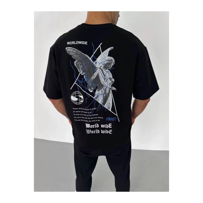 Unisex Bisiklet Yaka Baskılı Oversize T-Shirt - Siyah
