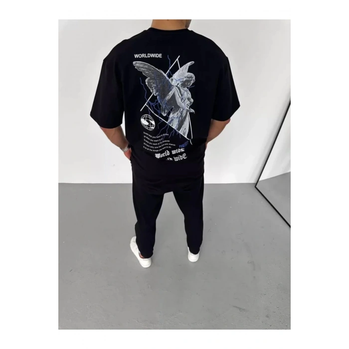 Unisex Bisiklet Yaka Baskılı Oversize T-Shirt - Siyah