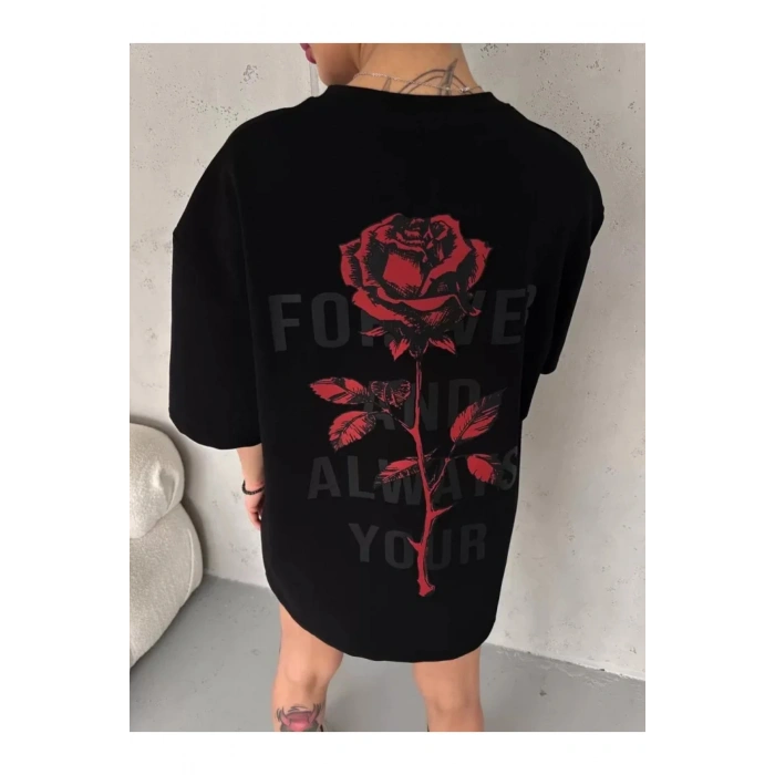 Unisex Bisiklet Yaka Baskılı Oversize T-Shirt - Siyah