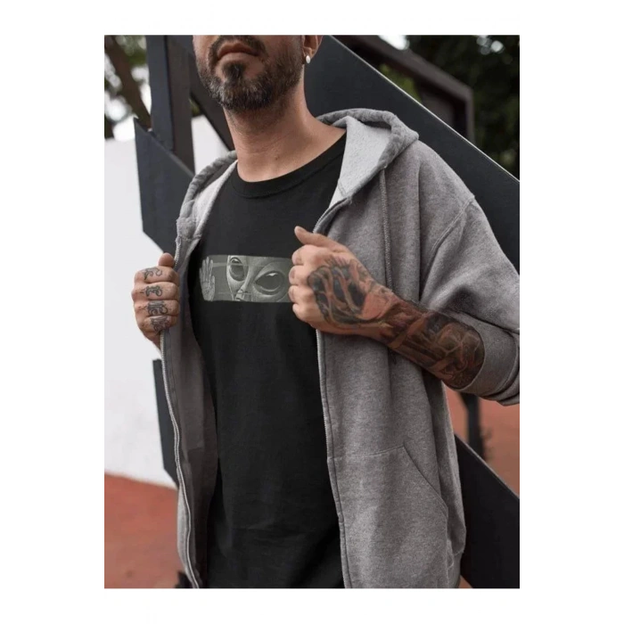 Unisex Bisiklet Yaka Baskılı Oversize T-Shirt - Siyah