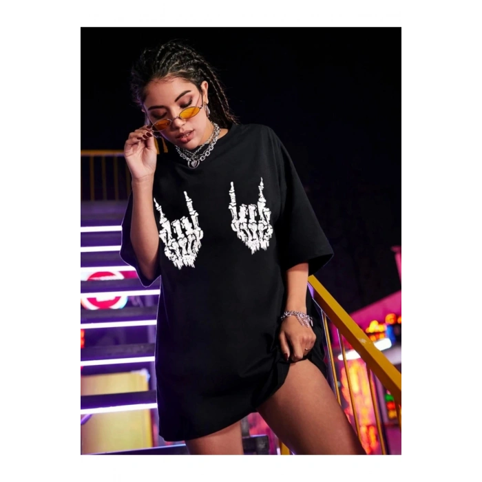 Baskılı Oversize T-shirt - Siyah
