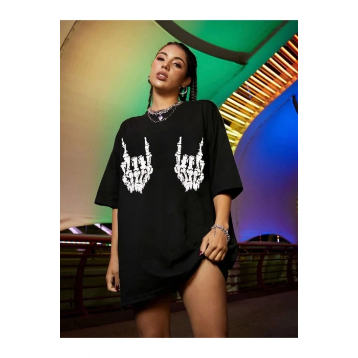 Baskılı Oversize T-shirt - Siyah