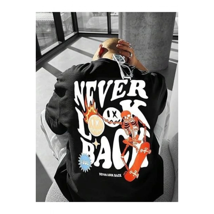 Erkek Bisiklet Yaka Kısa Kol Baskılı T-shirt - Siyah
