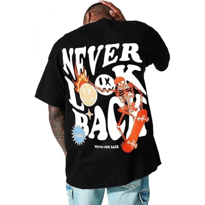 Erkek Bisiklet Yaka Kısa Kol Baskılı T-shirt - Siyah