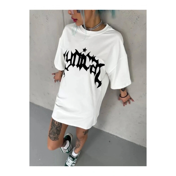 Unisex Bisiklet Yaka Baskılı Oversize T-Shirt - Beyaz