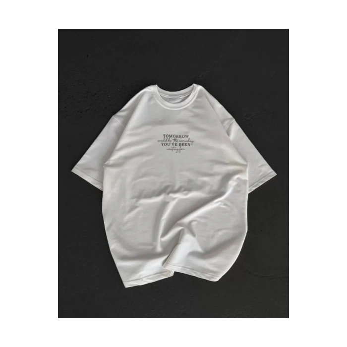 Unisex Bisiklet Yaka Baskılı Oversize T-Shirt - Beyaz