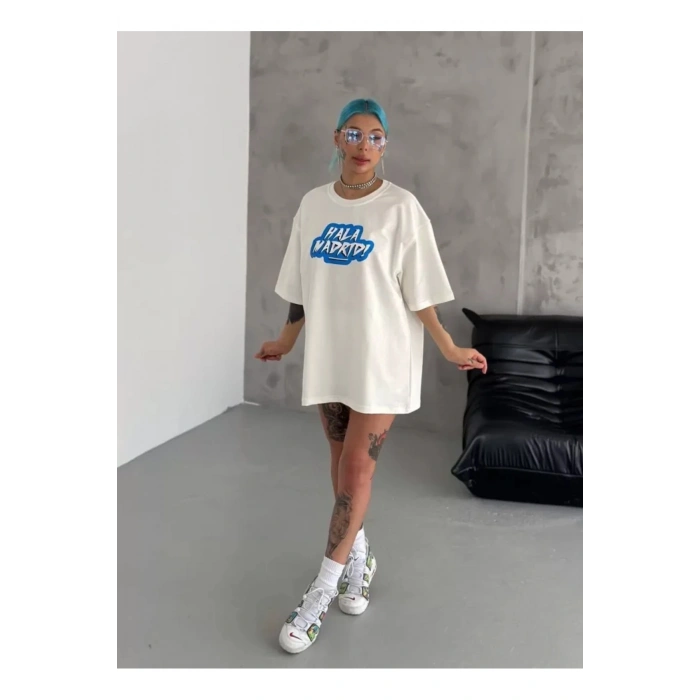 Unisex Bisiklet Yaka Baskılı Oversize T-Shirt - Beyaz