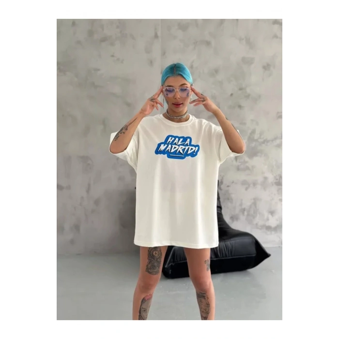 Unisex Bisiklet Yaka Baskılı Oversize T-Shirt - Beyaz
