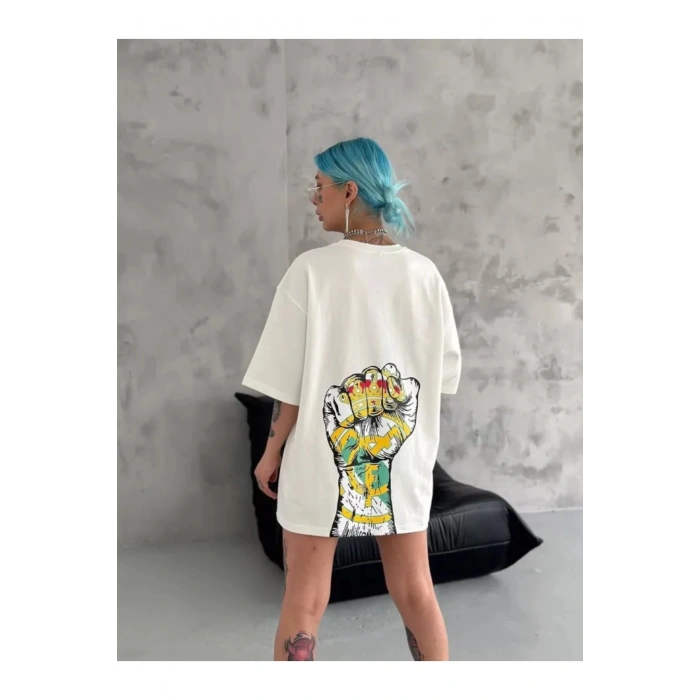 Unisex Bisiklet Yaka Baskılı Oversize T-Shirt - Beyaz