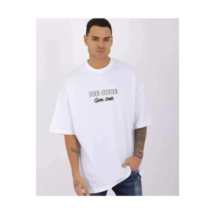 Unisex Bisiklet Yaka Baskılı Oversize T-Shirt - Beyaz