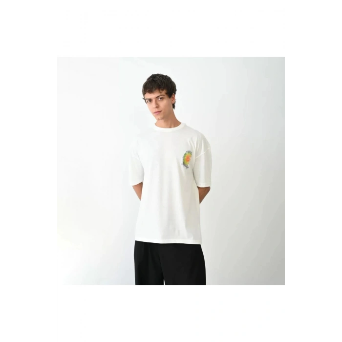 Unisex Bisiklet Yaka Baskılı Oversize T-Shirt - Beyaz